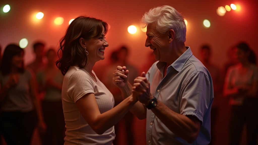 Adults dancing together at a social dance event, smiling and enjoying music