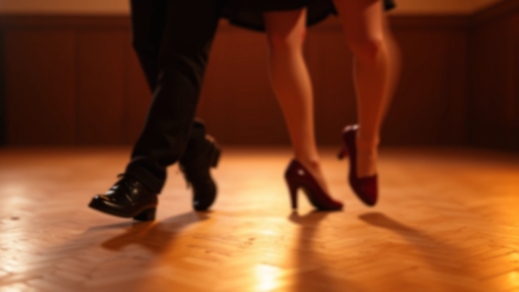 Close-up of feet and lower legs of dancers in motion on a wooden dance floor, wearing dance shoes