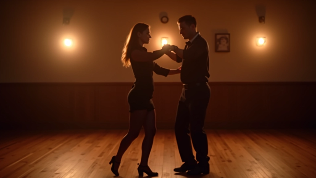 Pair of dancers demonstrating the basic salsa step position with proper foot placement and body alignment on a dance floor