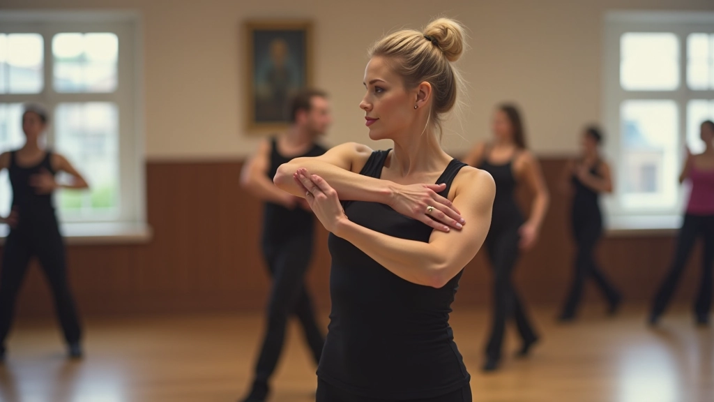Instructor showing proper posture and arm positioning for bachata basic steps in a bright dance studio
