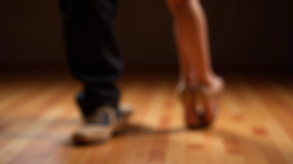 Close-up view of dancers' feet showing proper dance posture and positioning on a wooden dance floor during salsa dancing