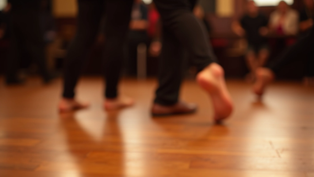 Close-up of dancers' feet performing basic salsa steps on a wooden dance floor