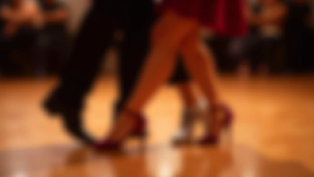 Close-up of dancers' feet and lower bodies performing bachata steps on a polished dance floor