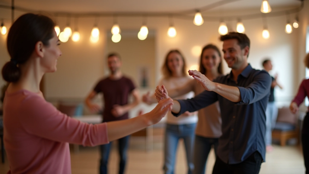 Group of adult beginners learning bachata rhythm in a dance class with mirrors lining the studio walls
