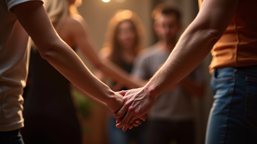 Group of dancers practicing together in a circle, hands together in unity gesture