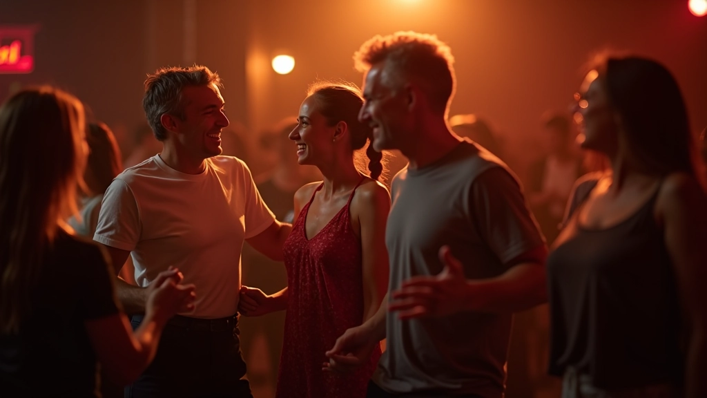 Group of diverse adults aged 45 and above dancing together in a social salsa setting, enjoying the community atmosphere