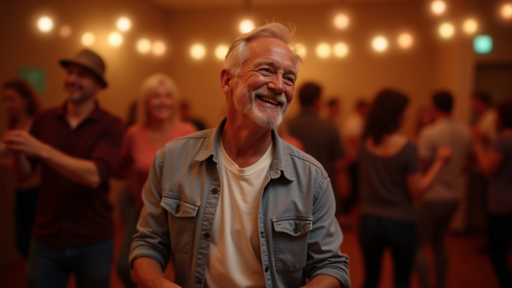 Older adult male smiling confidently while dancing in a group setting, relaxed posture, dance studio