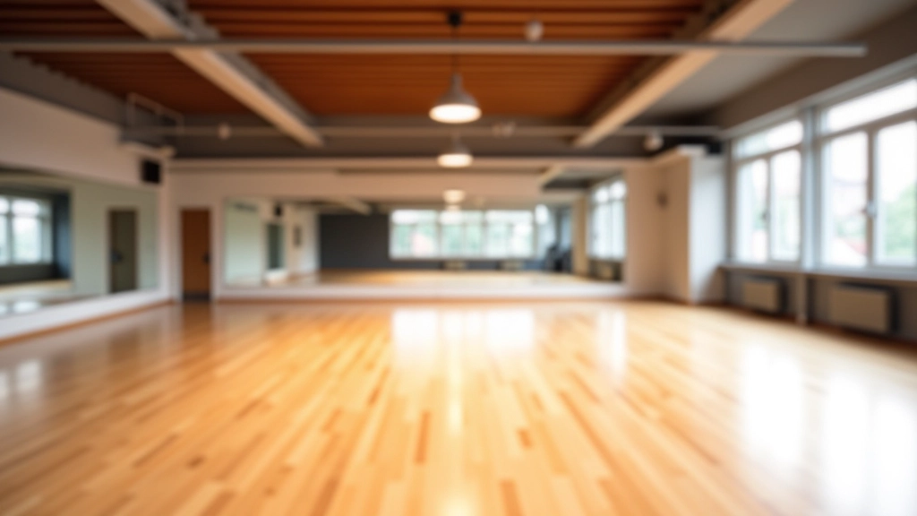 Dance studio interior with wooden floors, mirrors on walls, and proper lighting setup
