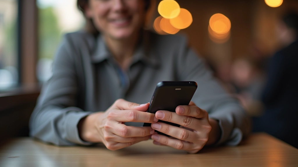 Person using smartphone to search for dance events, sitting at a cafe with a coffee
